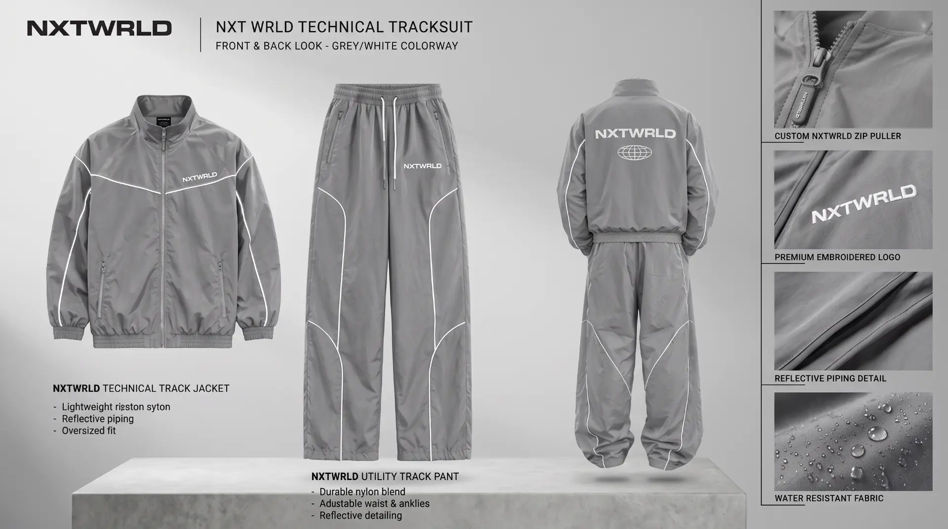 Grey tracksuit material and construction details