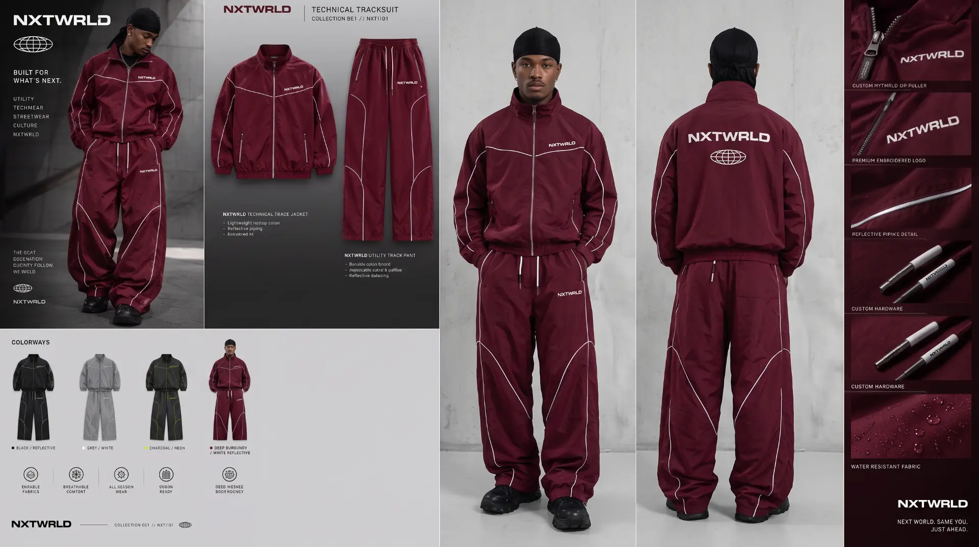Deep burgundy tracksuit front, back and product details