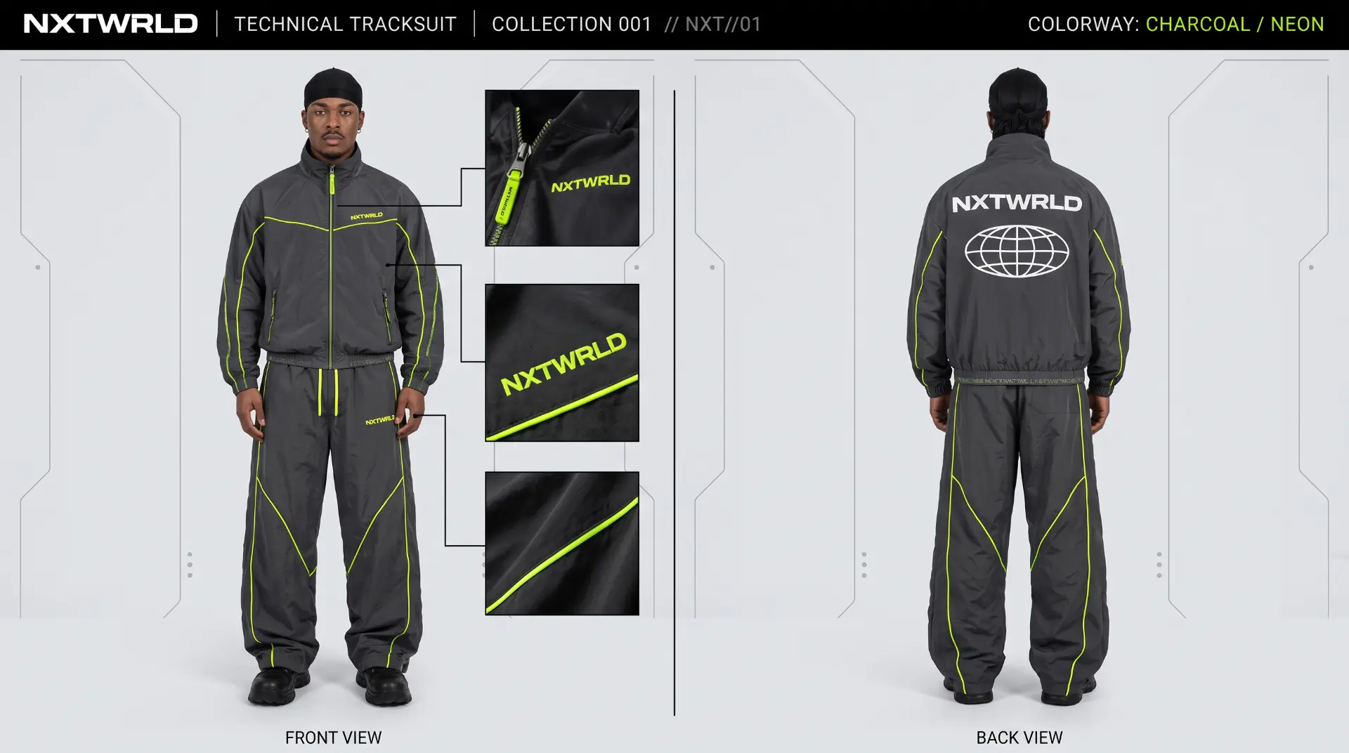 Front and back technical view of charcoal and neon tracksuit