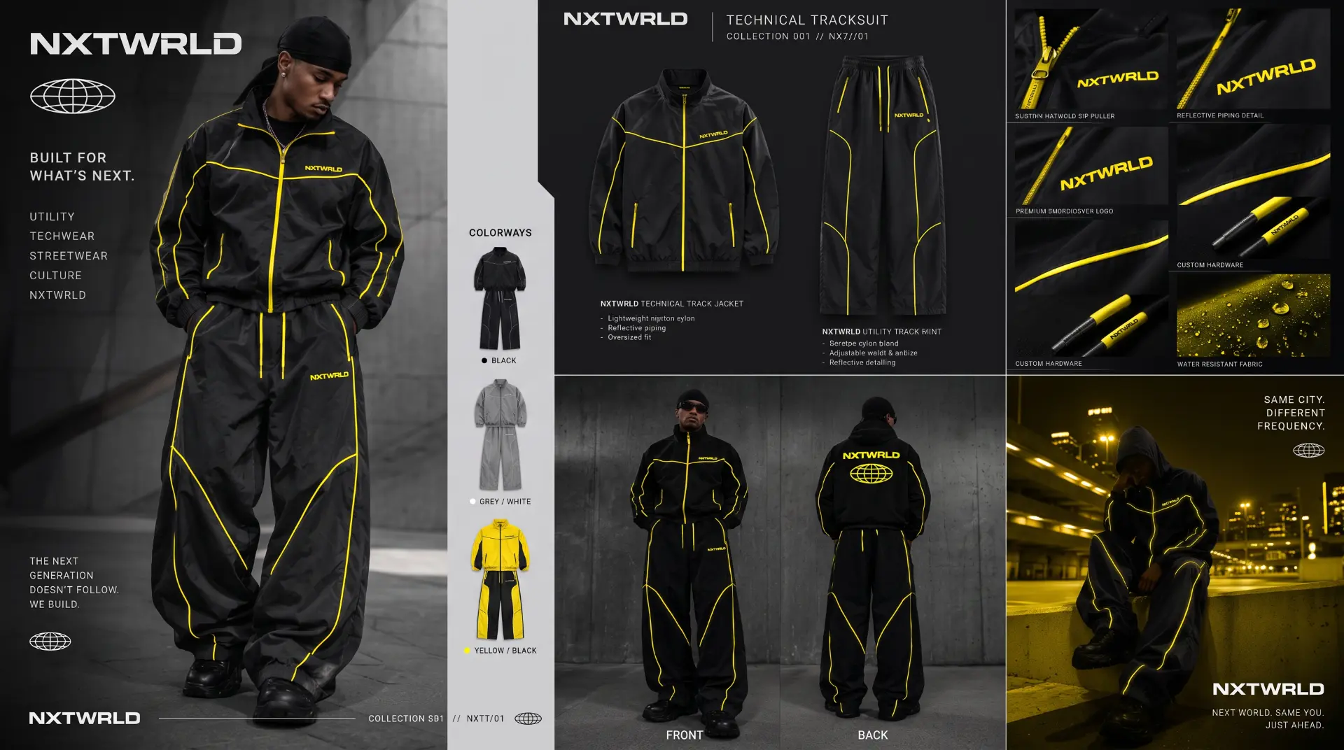 NXTWRLD technical tracksuit campaign at night