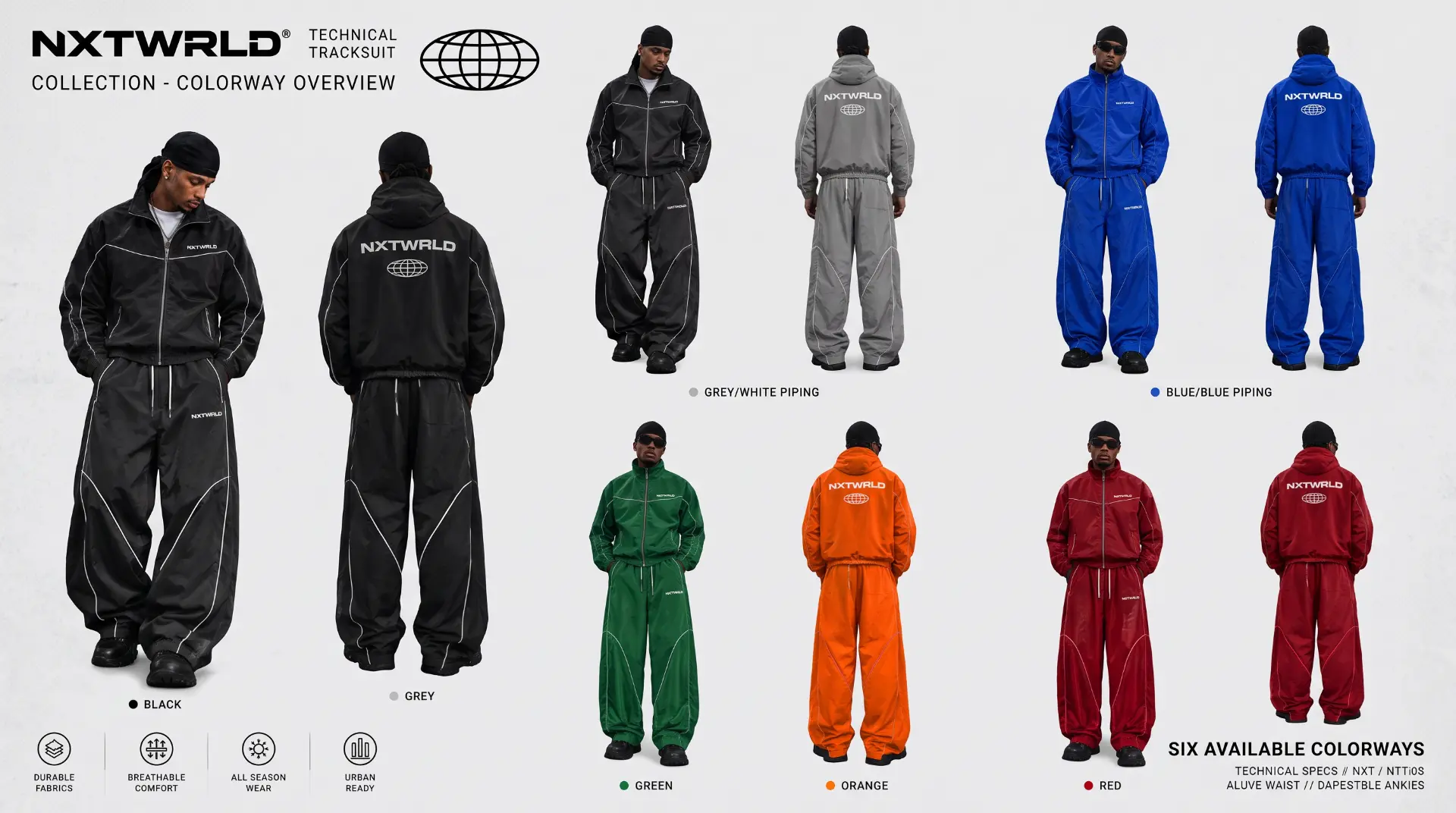 NXTWRLD technical tracksuit collection shown in six available colorways